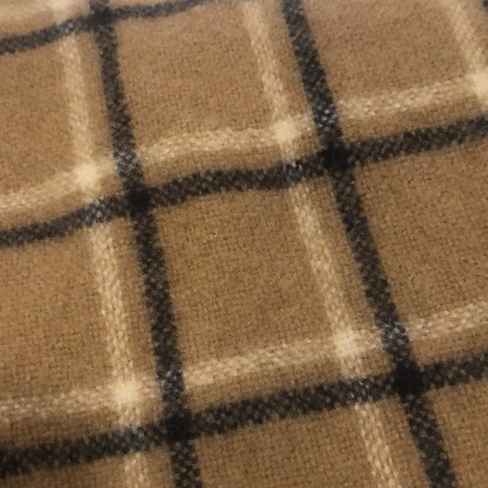 SHETLAND LONG WOOL PLAID SCARF WITH FRINGE TAN BLACK WHITE UNISEX